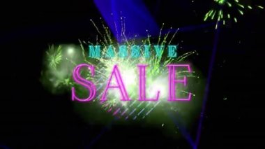 Havai fişekler ve siyah arka plandaki şekiller üzerine devasa satış metinlerinin animasyonu. Dijital olarak üretilen satış, alışveriş ve perakende konsepti.