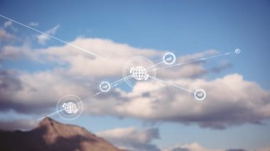 Manzara üzerindeki noktalarla bağlantı ağının animasyonu. Küresel ağlar, bağlantılar, seyahat ve doğa konsepti dijital olarak oluşturulmuş video.