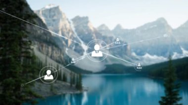 Manzara üzerindeki insan simgeleriyle bağlantı ağının animasyonu. Küresel ağlar, bağlantılar, seyahat ve doğa konsepti dijital olarak oluşturulmuş video.