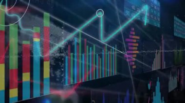 Saatte istatistik ve finansal veri işleme animasyonu. Küresel iş, finans ve veri işleme kavramı dijital olarak oluşturulmuş video.