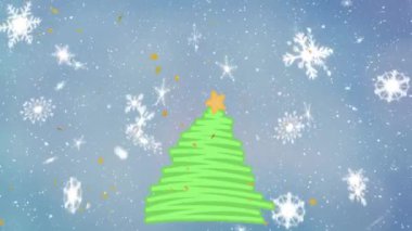 Kış manzarasına düşen Noel ağacı ve karın animasyonu. Noel, şenlik, kutlama ve gelenek konsepti dijital olarak oluşturuldu.