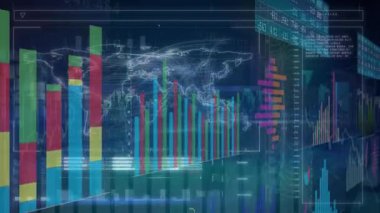İstatistikler ve dünya haritası üzerinden finansal veri işleme animasyonu. Küresel iş, finans ve veri işleme kavramı dijital olarak oluşturulmuş video.