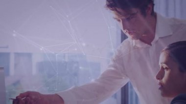 Animation of network of connections over caucasian business people in office. Global business and digital interface concept digitally generated video.