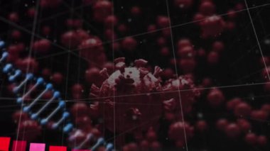 DNA ipliği üzerinde virüs hücrelerinin animasyonu. Dijital olarak oluşturulmuş küresel salgın ve dijital arayüz kavramı.