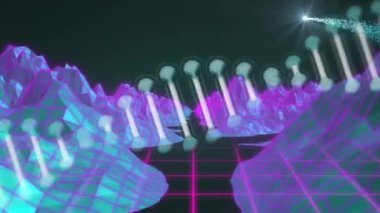 DNA sarmalının animasyonu ve siyah arkaplan üzerinde dijital dağlar bulunan uçan mercek patlaması. Dijital olarak üretilmiş, hologram, araştırma, genetik, çizim, sağlık ve teknoloji kavramı.