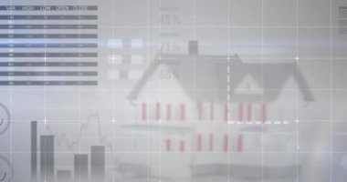 Gri arka plandaki evde finansal veri işleme animasyonu. Küresel finansman, iş ve dijital arayüz kavramı dijital olarak oluşturulmuş video.