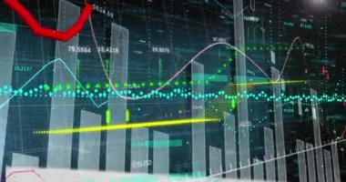 Resim, sayılar ve işaretlerle gri bir ızgarada kırmızı bir çizgi içeriyor. Çizgi artıyor, finansal büyüme ya da başarıyı temsil ediyor. Arka plan, küresel pazarı temsil eden kumlu, berrak bir gökyüzü..