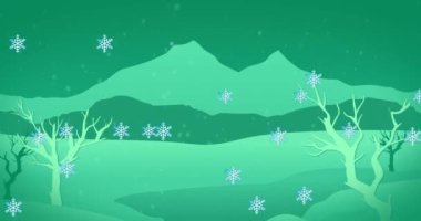 Kar, ağaçlar ve dağların mavi arka planda olduğu bir kış sahnesi..