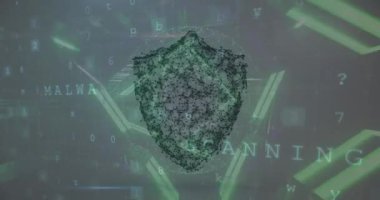 Kalkanla tünel üzerinde veri işleme animasyonu. Küresel teknoloji, bilgisayar ve dijital arayüz kavramı dijital olarak oluşturulmuş video.