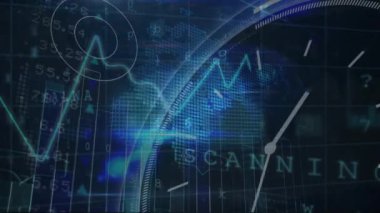 Saat üzerinden veri işleme animasyonu. Küresel iş ve dijital arayüz kavramı dijital olarak oluşturulmuş video.