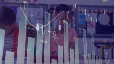 Animation of data processing over diverse schoolchildren in classroom. Global education and digital interface concept digitally generated video.