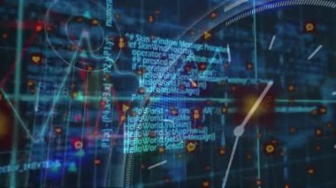 Saat üzerinden veri işleme animasyonu. Küresel iş ve dijital arayüz kavramı dijital olarak oluşturulmuş video.