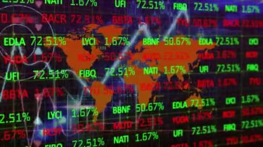 Dünya haritasında finansal veri işleme animasyonu. Küresel iş, finans ve veri işleme kavramı dijital olarak oluşturulmuş video.