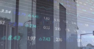 Yüksek binaya karşı borsa veri işleme animasyonu. Küresel ekonomi ve iş ağı teknolojisi kavramı