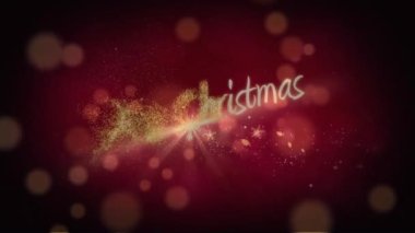 Kırmızı ışık lekelerine karşı mutlu noel mesajları pankartıyla yüzen parlayan yıldızların animasyonu. Noel şenliği ve kutlama konsepti