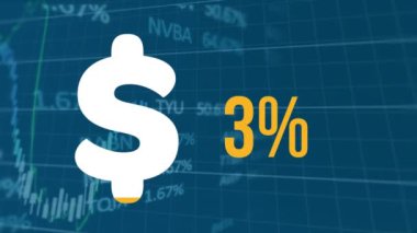 Veri işleme üzerinde büyüyen yüzdelerle dolar sembolünün animasyonu. Dijital olarak oluşturulan küresel finansman, bilgisayar ve dijital arayüz kavramı.