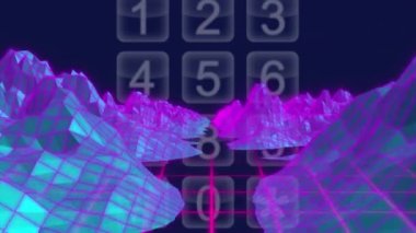 Sayılar üzerinde dijital dağların animasyonu. Küresel finansman, alışveriş ve dijital arayüz kavramı dijital olarak oluşturulmuş video.