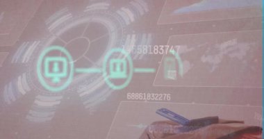 Okul çantasının üzerindeki veri işleme animasyonu. Küresel eğitim ve dijital arayüz kavramı dijital olarak oluşturulmuş video.