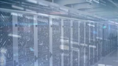 Animation of shapes over server room. Global business and digital interface concept digitally generated video.