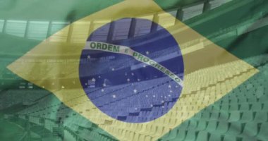 Brezilya bayrağı üzerinde spor stadyumu animasyonu. Küresel vatanseverlik, kutlama, spor ve dijital arayüz kavramı dijital olarak oluşturulmuş video.