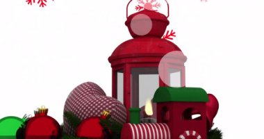 Beyaz arka planda düşen kırmızı kar taneleri ve yılbaşı fenerinin animasyonu. Noel, gelenek ve kutlama konsepti dijital üretilmiş video.