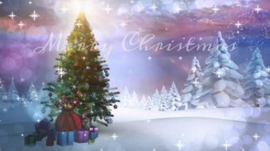 Yılbaşı kutlamalarının animasyonu kış manzarasında kar yağışı ve noel ağacı üzerine mesajlaşır. Noel, şenlik, kutlama ve gelenek konsepti dijital olarak oluşturuldu.