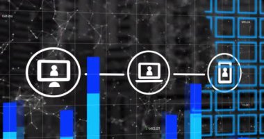 Animation of media icons over data processing. Global business and digital interface concept digitally generated video.