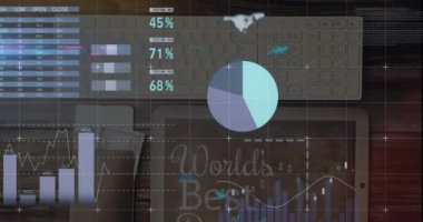 Masadaki klavye, tablet ve banknotlar üzerinde finansal veri işleme animasyonu. Dijital olarak oluşturulan küresel finansman, bilgisayar ve dijital arayüz kavramı.