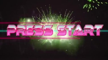 Basın metnini şekiller ve havai fişekler üzerinden siyah arkaplanda başlatma animasyonu. Retro, sosyal medya ve dijital arayüz konsepti dijital olarak oluşturulmuş video.