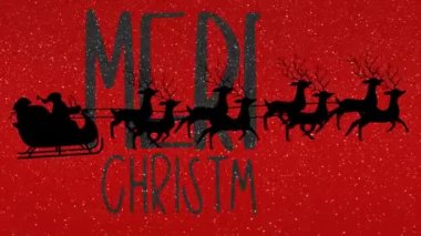 Mutlu noel mesajlarının üzerine kar yağan animasyon ve ren geyikleri tarafından çekilen kızakla Noel Baba. Noel şenliği ve kutlama konsepti
