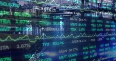 Göl ve şehir trafiğine karşı borsa veri işleme animasyonu. Küresel ekonomi ve iş teknolojisi kavramı