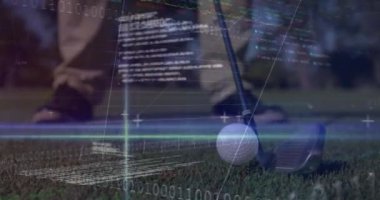 Kafkasyalı golfçü üzerinden veri işleme animasyonu. Küresel spor ve dijital arayüz kavramı dijital olarak oluşturulmuş video.