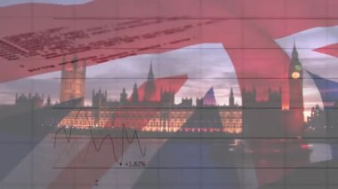 Birleşik Krallık ve Londra bayrağı üzerinde veri işleme animasyonu. Küresel iş, finans, brexit ve dijital arayüz kavramı dijital olarak oluşturulmuş video.