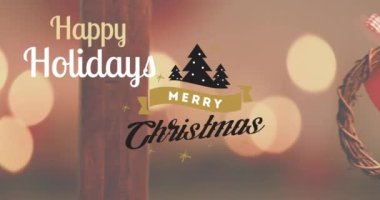 Mutlu bir tatil mesajı pankartı ve Noel çelengi dekorasyonunun dijital bir bileşimi. Yılbaşı sezonunun kutlayıcı ve şenlikli doğasını temsil eden vektör illüstrasyon konsepti..