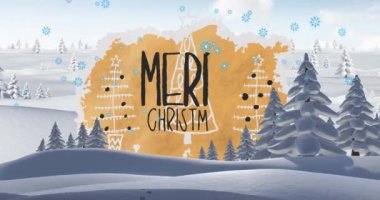 Kış ormanı boyunca Mutlu Noeller metni. Noel, gelenek ve kutlama konsepti dijital üretilmiş video.