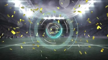 Yuvarlak tarayıcının üzerine düşen altın konfetilerin animasyonu ve spor stadyumuna karşı veri işleme. Bilgisayar arayüzü ve spor teknolojisi kavramı