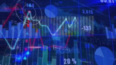 İstatistikler üzerinden finansal veri işleme animasyonu. Küresel iş, finans ve veri işleme kavramı dijital olarak oluşturulmuş video.