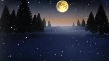 Gece gökyüzüne karşı yüzen baloncukların ve kar yağışının animasyonu. Noel şenliği ve kutlama konsepti