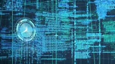 Dijital saatin animasyonu ve programlama dili ve şebeke modeli siyah arkaplan üzerinde. Dijital olarak üretilmiş, hologram, kodlama, makine öğrenme, zaman ve teknoloji kavramı.