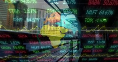 Borsa veri işleme ve şehir trafiğine karşı dönen dünyanın animasyonu. Küresel ekonomi ve iş ağı teknolojisi kavramı
