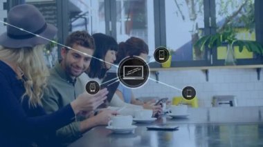 Animation of network of connections over caucasian business people in office. Global business and digital interface concept digitally generated video.