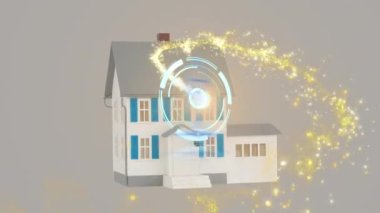 Kapsam taraması ve gri arka plandaki ışık noktalarının animasyonu. Küresel teknoloji, bilgisayar ve dijital arayüz kavramı dijital olarak oluşturulmuş video.