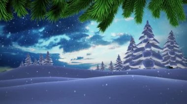 Kış manzarasında ağaçların üzerine düşen yeşil yaprakların ve karın animasyonu. Noel şenliği ve kutlama konsepti