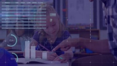 Kafkas öğretmeniyle sınıftaki çeşitli öğrencilerin veri işleme animasyonları. Küresel eğitim ve dijital arayüz kavramı dijital olarak oluşturulmuş video.