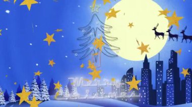 Yılbaşı kutlamalarının animasyonu mesajlar, kızakta Noel Baba ve kış manzarasına yağan kar. Noel, şenlik, kutlama ve gelenek konsepti dijital olarak oluşturuldu.