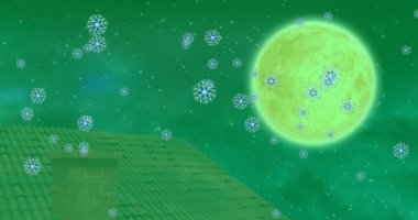 Kış mevsiminde yeşil arka planda dolunay eşliğinde kar yağışının animasyonu. Noel, şenlik, kutlama ve gelenek konsepti dijital olarak oluşturuldu.