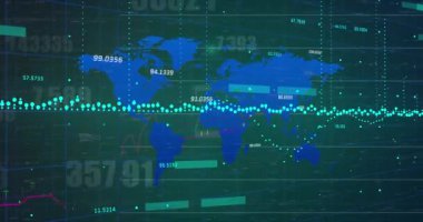 Dünya haritasında kara zemin üzerinde veri işleme animasyonu. Küresel teknoloji, bilgisayar ve dijital arayüz kavramı dijital olarak oluşturulmuş video.