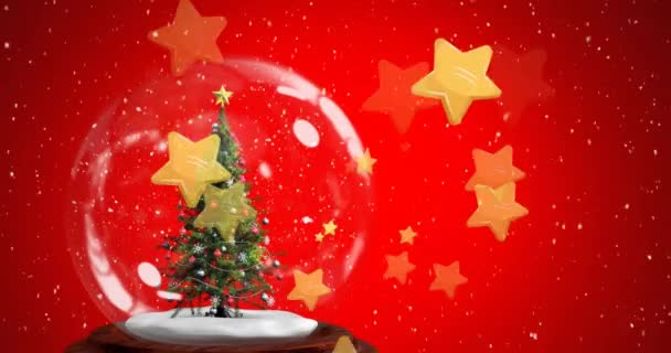 Animation Étoiles Dorées Tombantes Globe Neige Sur Fond Rouge Noel — Video