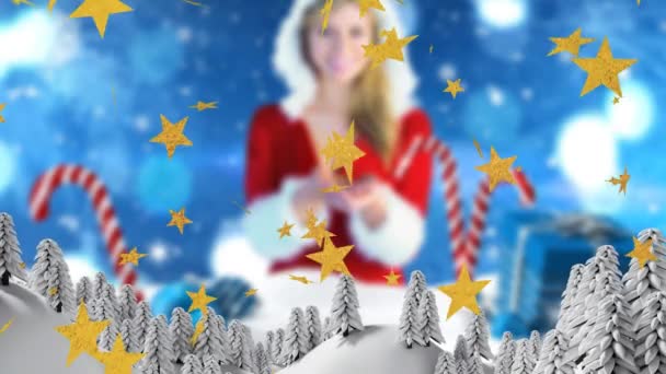 Animation Stars Falling Winter Landscape Caucasian Woman Santa Claus Costume — Stock Video