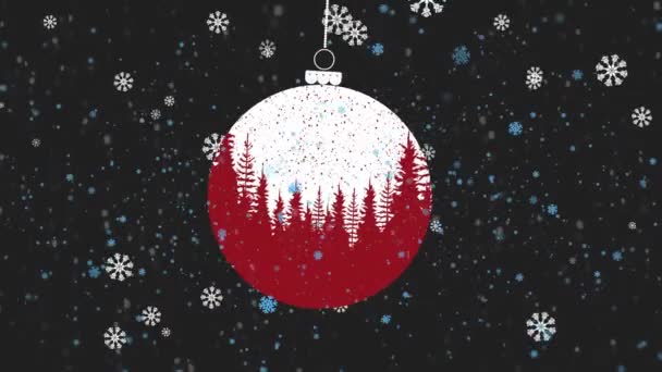 クリスマスツリーのパターンの前に赤いクリスマスの泡がぶら下がり その周りに複数の雪片が落ちています 背景は薄灰色です — ストック動画